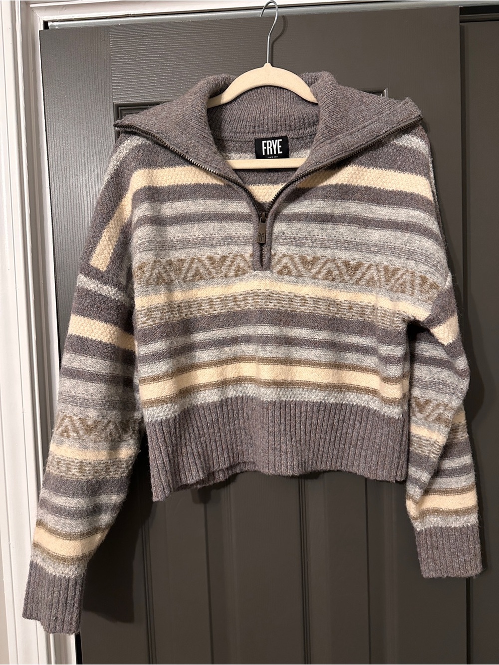 FRYE Striped Half-Zip Cowl Sweater in Gray and Cream